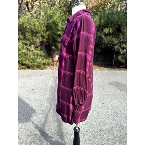 Old Navy Womens Medium Burgundy Dress Plaid Long Sleeve Tunic  Buttons Gold - Picture 3 of 10
